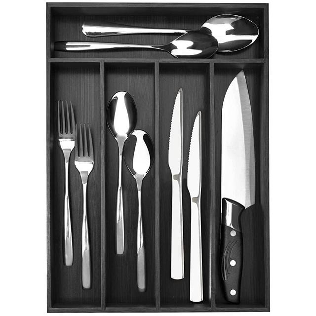 Besilord Silverware Organizer Bamboo Kitchen Drawer Organizer Black Utensil Organizer Silverware Holder Cutlery Organizer in Drawer Flatware Organizer Tray