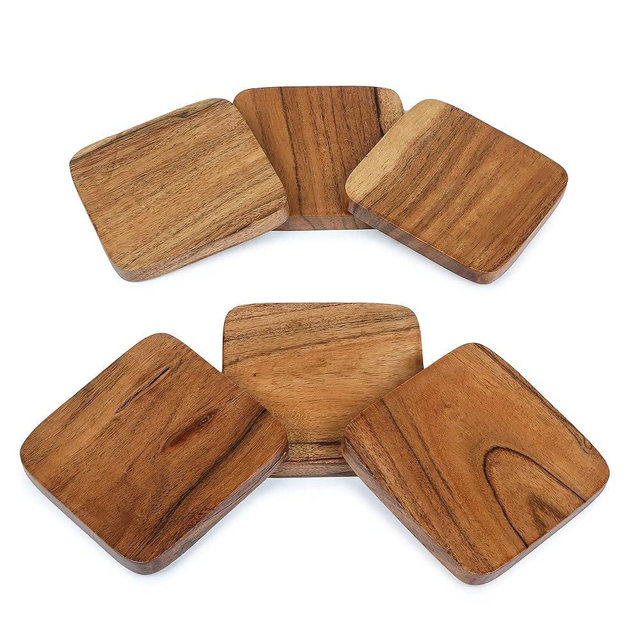 Lavaux Designs Acacia Wood Coasters Set of 6 | Square Wooden Coasters for Home and Office Decor, Heat Resistant Drink Coasters for Coffee Table | Rustic Coasters for Wooden Table | 4 by 4 inches