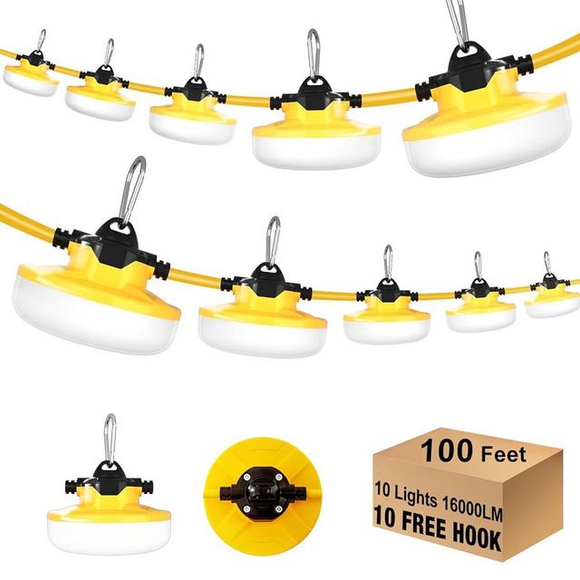 JC-LGL LED Construction String Light 100FT, 130W 16000Lm Industrial LED String Work Lights with 10 Bulbs, Linkable 5000K Super Bright Temporary Lighting for Construction Site, Job Site, Work Site