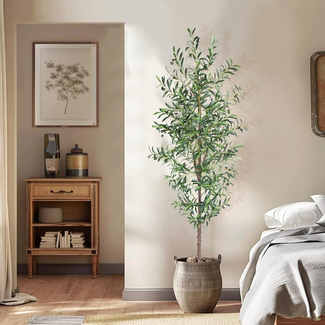 CETRD Artificial Olive Tree, 7FT Tall Faux Olive Trees 84in Outdoor Fake Potted Silk Plant with Trunk and Realistic 1048 Leaves and 40 Fruits for Modern Office Home Decor Indoor（1pack）