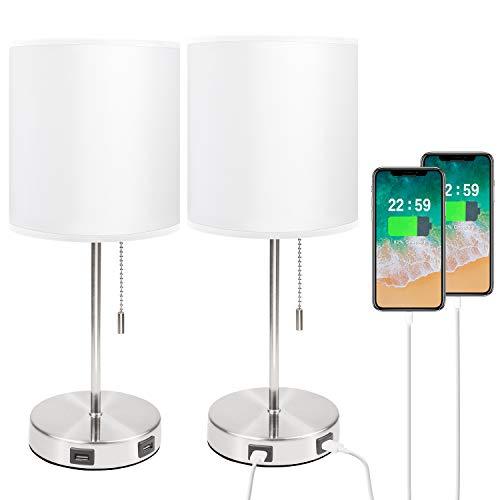 USB White Bedside Table Lamp, Seealle Nightstand Desk Lamp with White Fabric Lampshade,2 USB Fast Charging Port, Convenient Pull Chain for Bedroom,Living Room (Pack of 2)