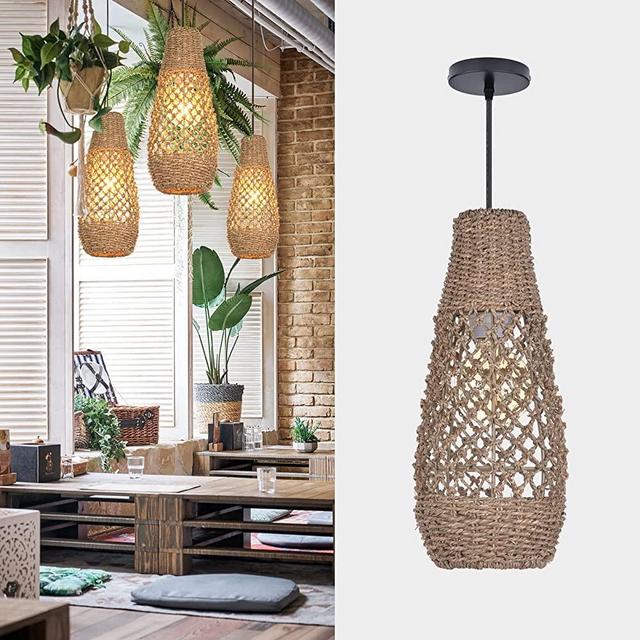 Boho Rattan Pendant Light Fixtures, Mini Farmhouse Natural Chandelier Lighting, Retro Wicker Hanging Lamp for Kitchen Island