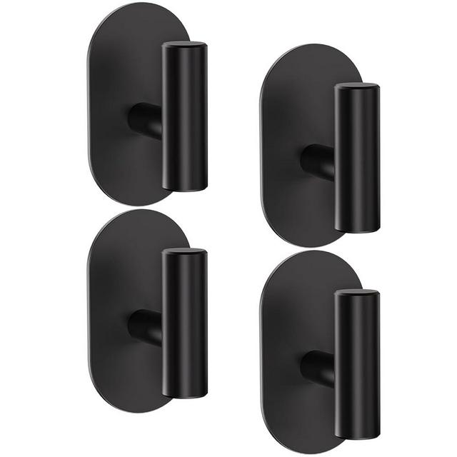 Aikzik Black Adhesive Hooks Heavy Duty, Wall Hooks for Shower, Bathroom, Towel, Coat, Robe, Stainless Steel Hooks for Hanging, Waterproof & Rustproof Sticky Hooks for Walls No Damage- 4 Pack