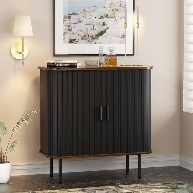 Black Buffet Sideboard Cabinet with Storage, Fluted Storage Cabinet Black with Curvy Edge & Sliding Doors- Freestanding Accent Cabinet Credenza Console Table for Living,Bed Room, Kitchen, Hallway