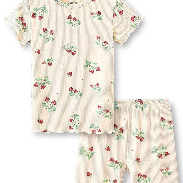 Toddler & Little Girls Pajamas Ditsy Floral/Strawberry Tee & Pants PJ Set Size 2T- 10