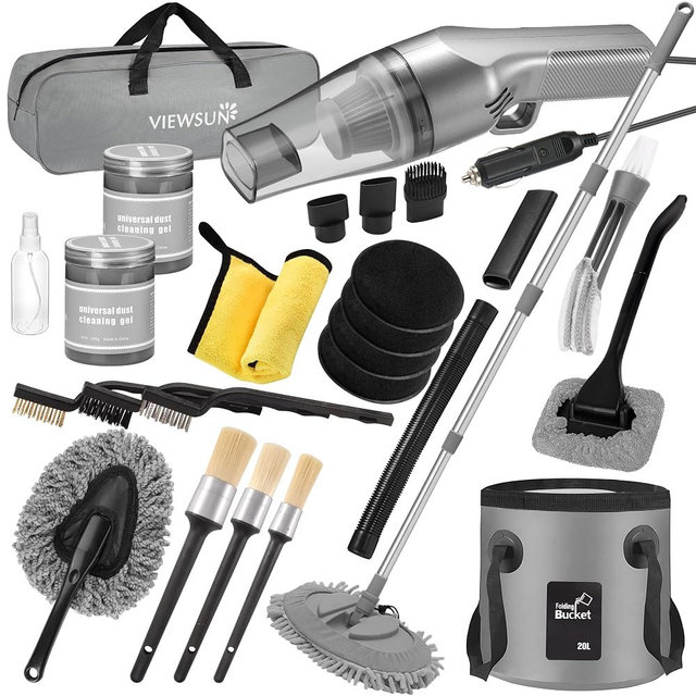 Viewsun 21Pcs Car Cleaning Kit with High Power Handheld Vacuum, Car Wash Mop with Long Handle, Bucket, Detailing Brush Set, Windshield Cleaner, Complete Interior Exterior Washing Supply for Men Women