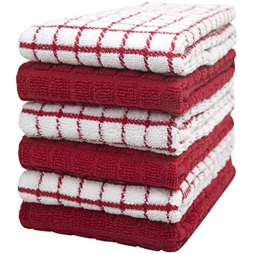 Premium Kitchen Towels (16”x 28”, 6 Pack) – Large Cotton Kitchen Hand Towels – Chef Weave Design – 380 GSM Highly Absorbent Tea Towels Set with Hanging Loop – Red