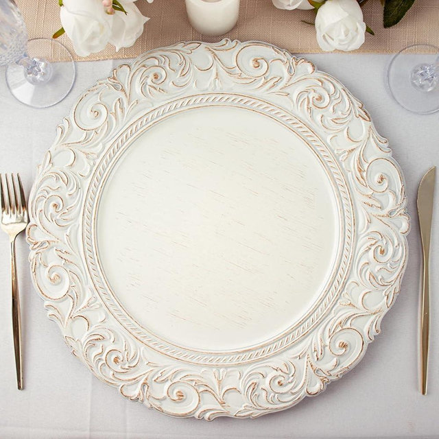 Tableclothsfactory Set of 6 Antique White/Gold 14" Round Plastic Charger Plates with Engraved Baroque Design Rim for Wedding Party Events