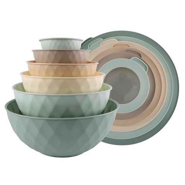 COOK WITH COLOR Mixing Bowls with Lids - 12 Piece Plastic Nesting Bowls Set includes 6 Prep Bowls and 6 Lids, Non Slip Bottom and Diamond Design - Microwave Safe (Mint)