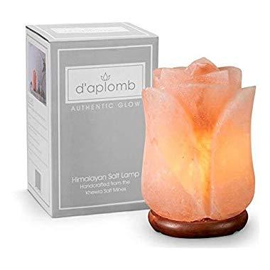 d'aplomb 100% Authentic Natural Himalayan Salt Lamp; Hand Carved Flower Rose Pink Crystal Rock Salt from Himalayan Mountains; Hand Crafted Wood Base, UL-listed Dimmer Cord; 8 lbs