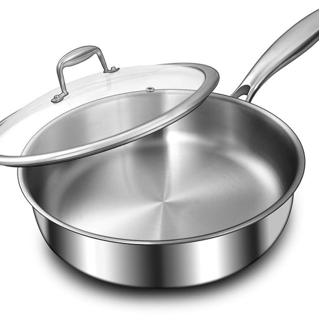 12 Inch Tri-Ply Stainless Steel Frying Pan, Deep Frying Pan with lids, PFOA&PTFE Free Skillet, Induction Cooking Pan, Dishwasher and Oven Safe, Fast & Even Heat, Heavy Duty and Detachable Handle