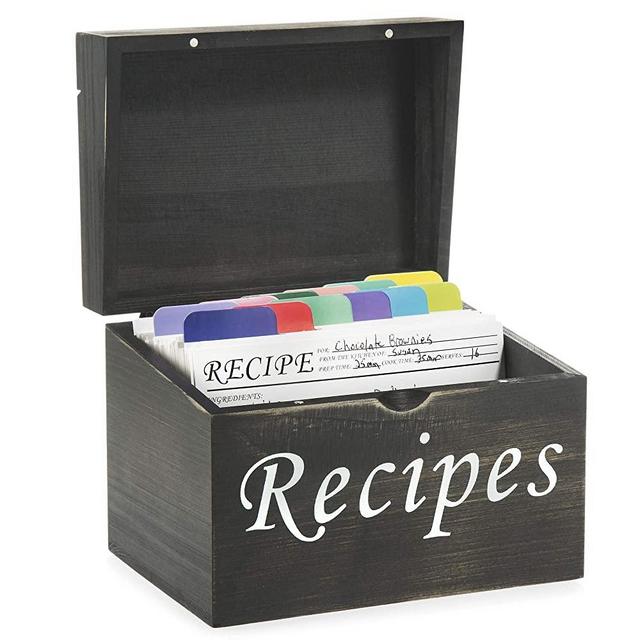 Black Recipe Box with Cards and Dividers – Wood Vintage Recipe Card Box with 100 4x6 Recipe Cards 12 Dividers and Conversion Chart Card – Gift Idea for Mom Daughter and Recipe Lovers