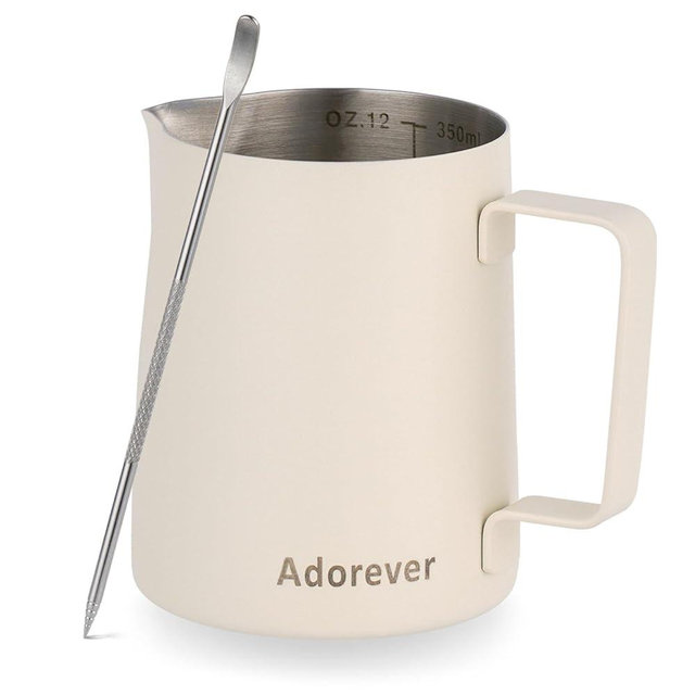 Milk Frothing Pitcher, 350ml/12oz Steaming Pitchers Stainless Steel Milk Coffee Cappuccino Latte Art Barista Steam Pitchers Milk Jug Cup with Decorating Art Pen, Matte White