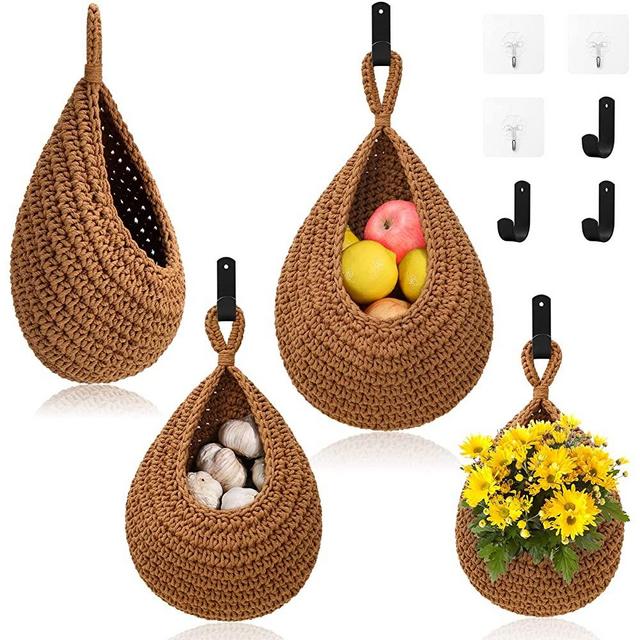 Hanging Fruit Baskets for Kitchen - 3 Pack Boho Wall Hanging Basket with 6 Pcs Strong Hooks, Handwoven Hanging Holder Teardrop Home Produce Basket for Fruits Vegetable Potato Onion Storage (Linen)