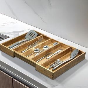 VaeFae Acacia Kitchen Silverware Organizer, Cutlery Drawer Organizer with 5 Compartments, Wooden Utensil Holder for Flatware and Cooking Tools