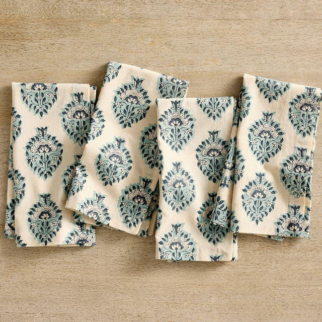 Amelia Block Print Cotton Napkins, Set of 4, Blue/Neautral