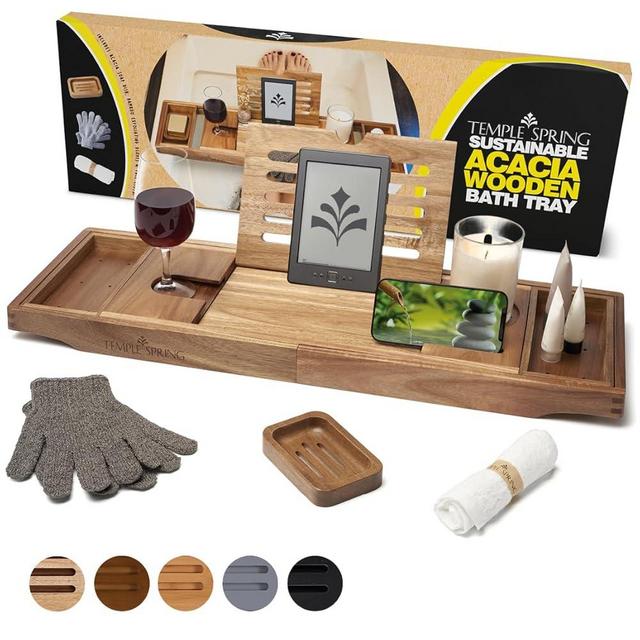 Temple Spring Bathtub Caddy Tray - Extendable Bath Tray for Bathtub with Candle, Wine Glass, Book, Pad & Phone Holders - Adjustable Bathtub Tray Over tub w/Bathroom Accessories - Acacia Wood