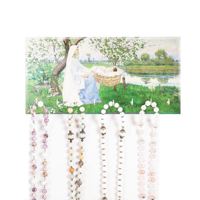 Our Lady of Spring Rosary Rack | Wall-Mounted Catholic Rosary Holder | 5x10 White Wooden Plaque with Marian Artwork | Religious Home Décor & Catholic Gift