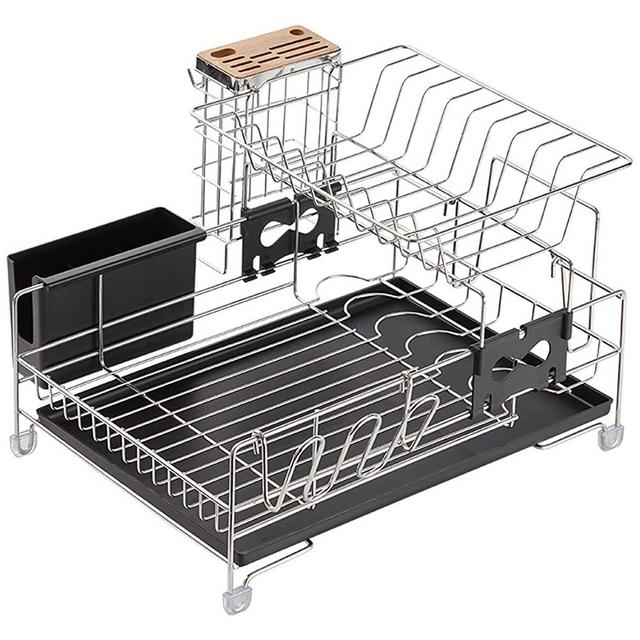 Dish Drying Rack, 201 Stainless Steel 2-Tier Dish Rack with Cup Holder Utensil Holder Cutting Board Holder Knife Holder Drain Board for Kitchen Counter