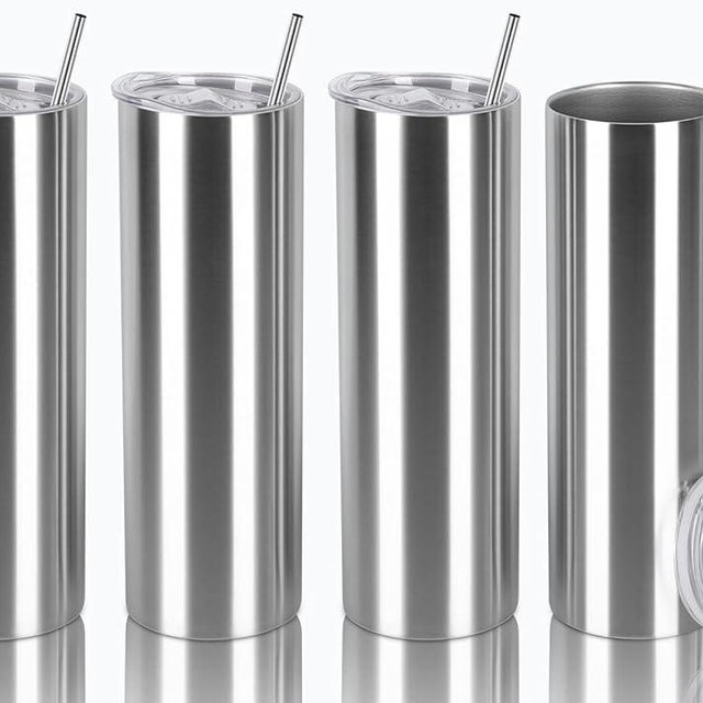 Tswofia 20 Oz Straight Skinny Tumbler Set, Stainless Steel Slim Skinny Travel Tumbler Bulk, Birthday Diy Gift For Women Friends Sisters, 4 Pack, Silver