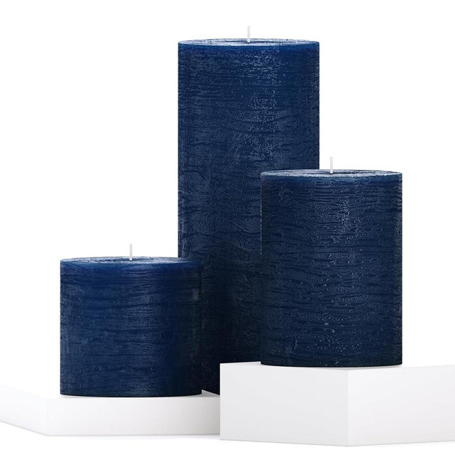 CANDWAX Assorted Candles Pillar - Set of 3 Rustic Pillar Candles Includes 3", 4" and 8" Unscented Candles - Long Burning Candles Ideal as Wedding Candles and Candles for Home - Dark Blue Candles
