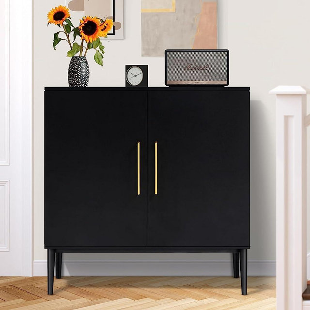 REHOOPEX Storage Cabinet, Modern Free Standing Cabinet, Black Accent Cabinet with Doors, Wood Buffet Sideboards for Bedroom, Kitchen, Home Office