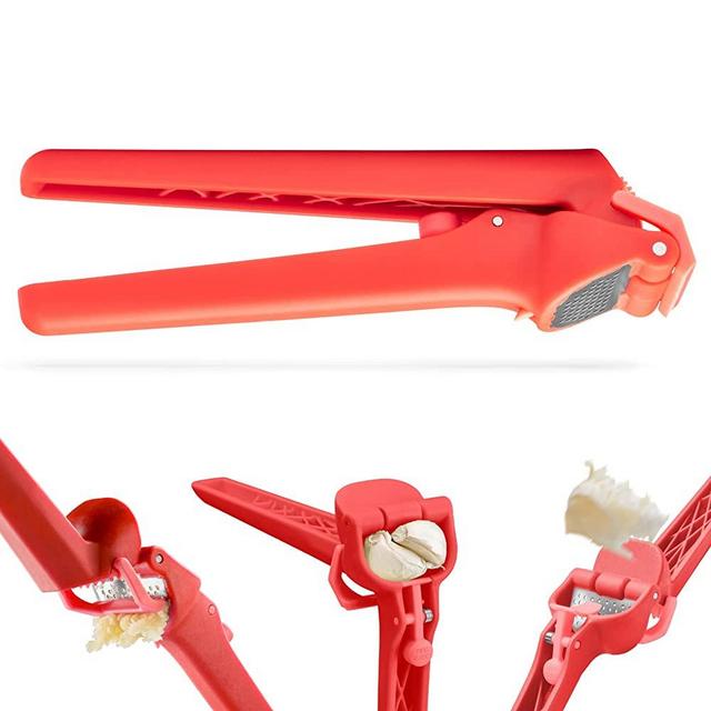 Dreamfarm Garject Lite | Non-Scratch Garlic Press with Ejector | All-In-One Garlic Mincer Tool | Nylon Plastic Garlic Peeler | Easy-To-Clean Garlic Presser | No Peel Needed & No Smelly Fingers | Red
