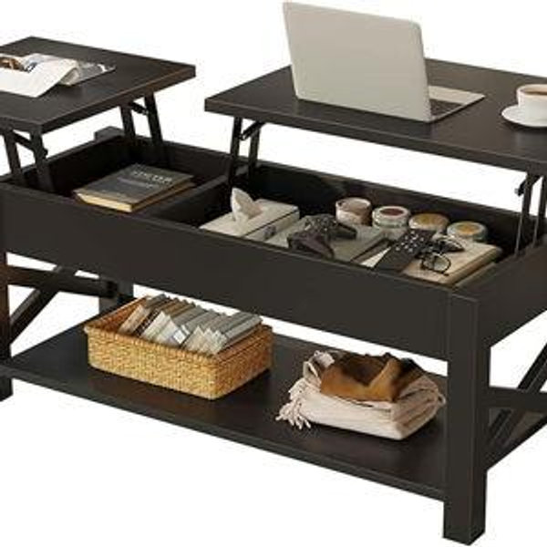 Rolanstar Coffee Table 47.2", 2 Way Lift Top Farmhouse Center Table with Hidden Compartment, Open Shelf & X Wooden Support for Living Room, Black