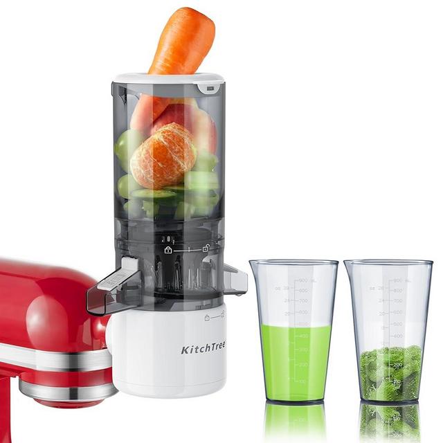 KITCHTREE Masticating Juicer Attachment for KitchenAid Stand Mixer, 4.2" Large Feed Chute Fit Whole Vegetables & Fruits, Slow Cold Press Juicing, Includes 28oz capacity cup*2 and blade replacement