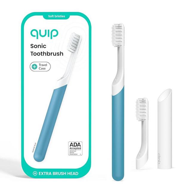Quip Sonic Electric Toothbrush for Adults - Time Travel & Soft Bristles with Travel Case & Replacement Brush Head - 3 Month Battery Life, Plastic Handle - Marine Blue