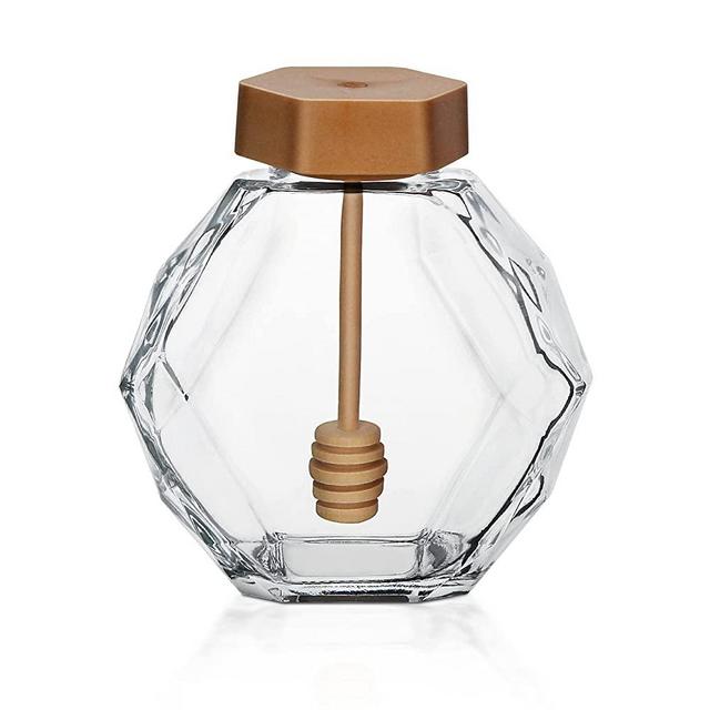 Bfttlity Honey Pot Jar Hexagon Shape Honey Pot Container 380ml Glass Honey Jar with Dipper and Lid Cover for Home Kitchen (Polymer lid)