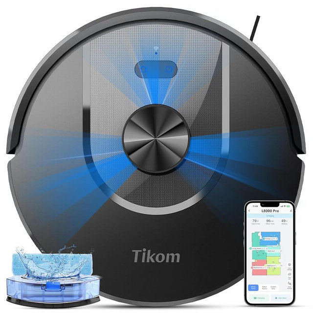 Tikom Robot Vacuum and Mop Combo, 6000 Pa Automatic Robotic Vacuum Cleaner, Smart Mapping, 150 Min Max, Ideal for Pet Hair, Hardfloors, Carpets, Home(L8000 Pro)