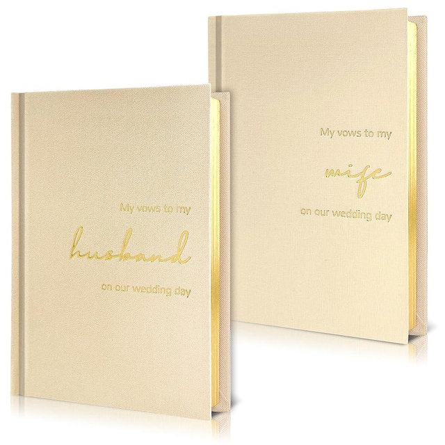 WeddingGiftsWedding Vow Books His and Hers Set of 2 Canvas Linen Wedding Vow Books Husband and Wife Hard Cover Vow Books for Engagement Gifts(XZ-HW-Beige)
