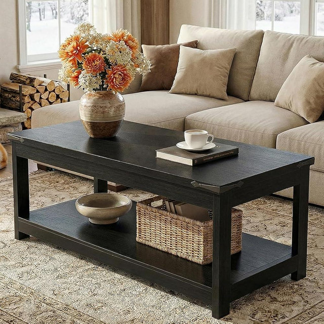 Homieasy 43.3” Rectangular Coffee Table with Storage Shelf, Farmhouse Wood Center Table for Living Room, Modern Black Tea Table with Open Shelf, Black
