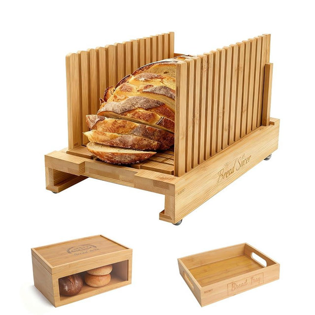 3-in-1 Bread Slicer set for Homemade Bread with Storage Box and Bread Serving Tray for Homemade Bread - Upgrade Bamboo Wooden Bread Slicer Kit - Adjustable Width, Crumb Tray, Cloth Bags