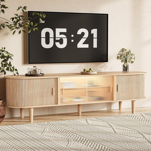 70" Fluted TV Stand with LED Lights for TVs up to 75 Inch, Mid Century Modern Entertainment Center with Sliding Doors & Glass Shelf, TV Console Table Media Console for Living Room, Natural Oak