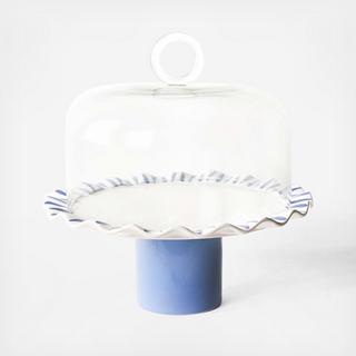 Iris Blue Drop Ruffle Cake Stand with Glass Dome
