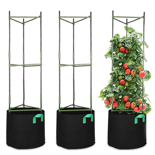 GROWNEER 3 Packs 51 Inches Tomato Cages with 10 Gallon Grow Bags, Tomato Trellis with 9Pcs Clips and 328Ft Twist Tie, Tomatoes Plant Cage for Vegetable Flowers Fruits Vertical Climbing Plants