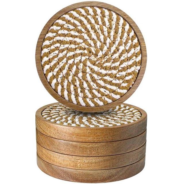 Eykao 5 Pack Coasters for Drinks Absorbent, 4.3 inches Woven Coasters for Coffee Tables, Wooden Drink Coasters for Table Protection, Reusable Drink Coasters for Kitchen, Farmhouse, Bar, Office, Brown