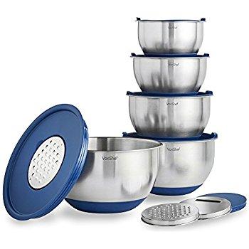 X-Chef Stainless Steel Mixing Bowls Set With Lids, Measurement Marks, Non-Slip (Set of 5)