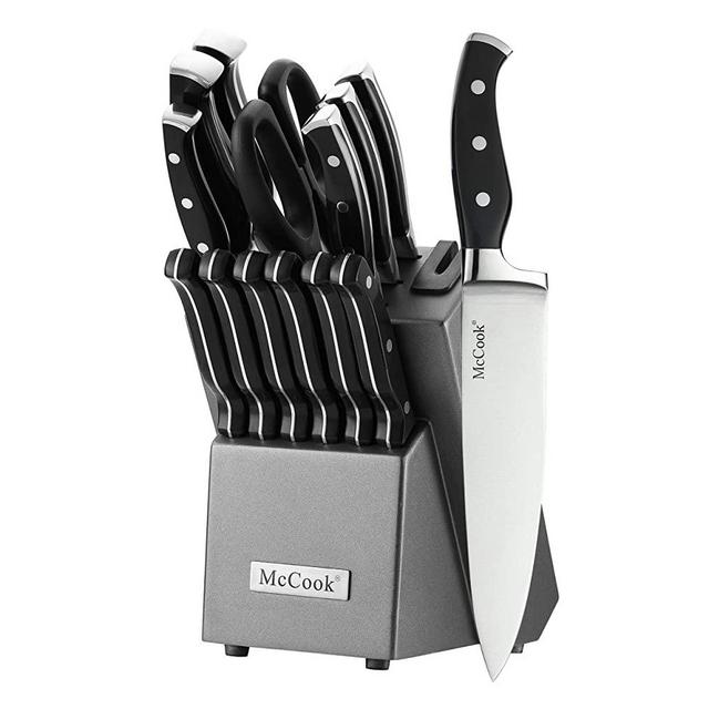 McCook MC25A Kitchen Knife Sets,15 Pieces German Stainless Steel Knife Set with Built-in Sharpener and Wooden Block