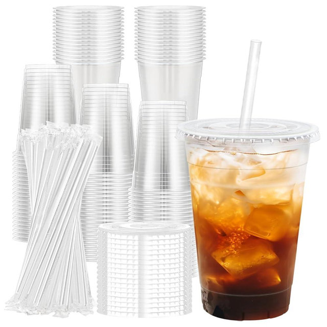 Lamosi 100 Pack 16 OZ Clear Plastic Cups with Lids and Straws, Disposable Iced Coffee Cups with Lids for To-Go Cold Drinks, Smoothies and Slushie