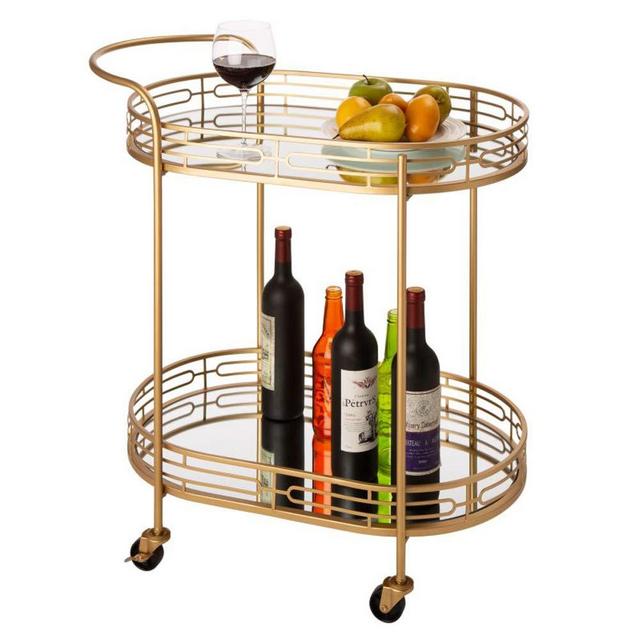 Glitzhome 30.71" H Oval Gold Bar Cart with 4 Wheels 2-Tier Deluxe Tray Metal Mirrored Glass Top Rolling Serving Cart for Kitchen Living Room Hotel Wine/Tea Serving Cart