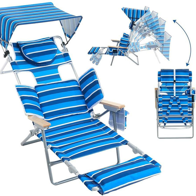 Outdoor Sunshade Backpack Beach Chair with Face Hole, Reclining Lounge Chair with Footrest, 5-Position Foldable Camping Chair with Towel Bar, Cup and Phone Holder for Sand Pool Lawn (Blue/White)