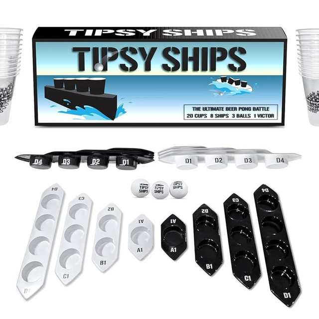 Tipsy Ships Battle Pong Party Game - 22 Plastic Cups, 8 Ship Trays, 3 Ping Pong Balls Included. Battle on Any Table! (Tipsy Ships Battle Set (with Cups))