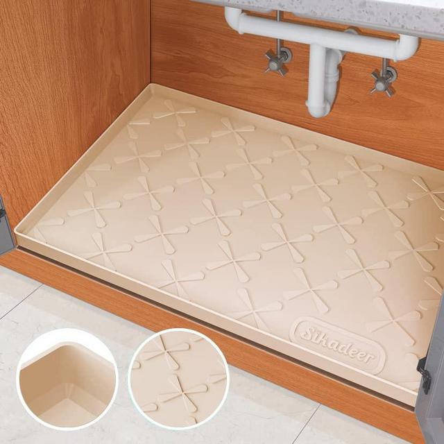 SIKADEER Under Sink Mat - Kitchen Cabinet Mat, Adjustable, Easy to Clean, Liner Protector for Kitchen Sink and Bathroom, Disifenction Surface - 34" x 22"(Beige)