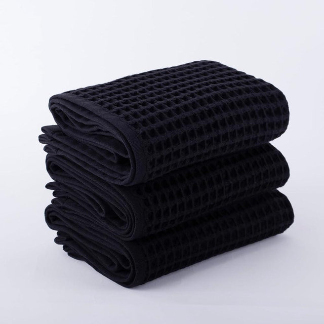 PÜSKÜL Waffle Kitchen Towels - Premium 100% Turkish Organic Cotton Ultra Soft Quick Dry Absorbent Lint Free Hand Dish Towel 32X16 Inches (3, Black)