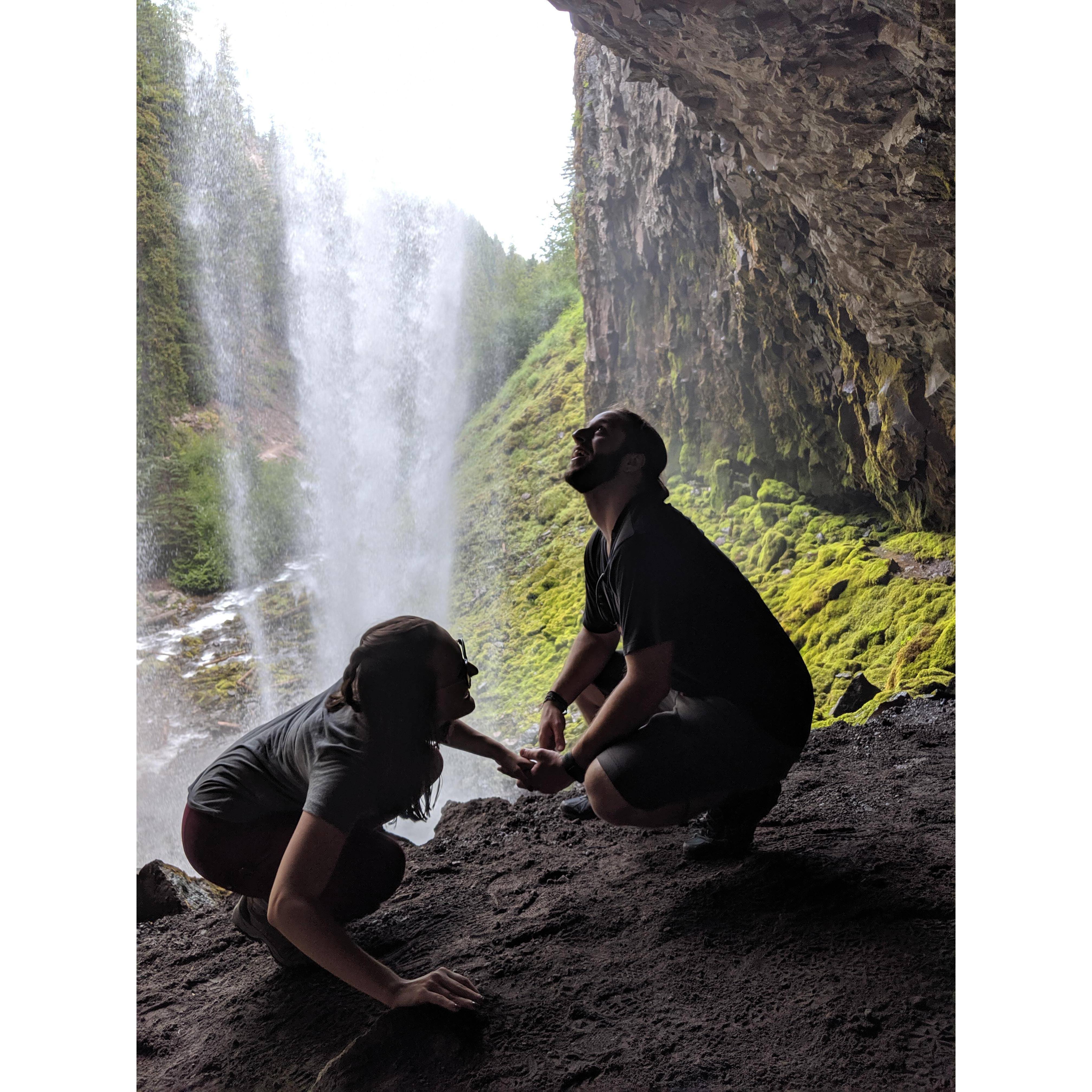 Behing a waterfall in Oregon.