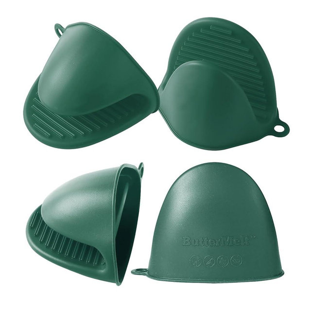 ButterMelt 4PC Silicone Oven Mitts - Dark Green Heat Resistant Non-Slip Kitchen Gloves, for Cooking, Baking, BBQ with Extra Thick Hand Protection for Hot Pots, Pans, Trays