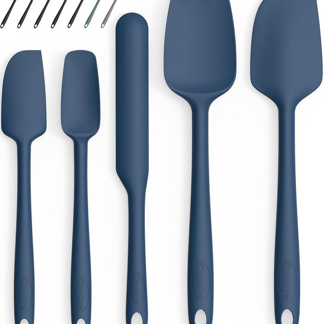 Coukre Silicone Spatula Set of 5,High Heat Resistant, Food Grade Silicone, Upgraded Extended Reinforced Handle,Dishwasher Safe, for Baking, Cooking (Pure Dark Blue, Color block)
